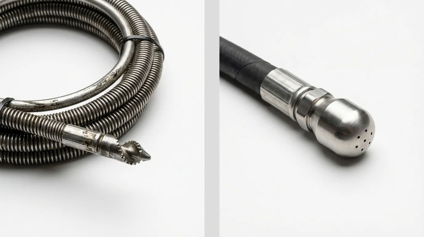 Drain snake cable and hydro jetting nozzle used for drain cleaning in Mulberry, IN