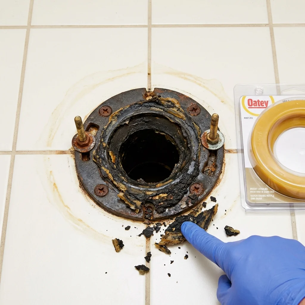 Failed wax ring showing water seepage at the base of a toilet in a Mulberry, IN home