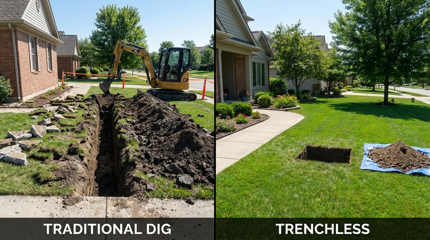 Trenchless sewer repair with minimal yard damage versus traditional excavation in Mulberry, IN