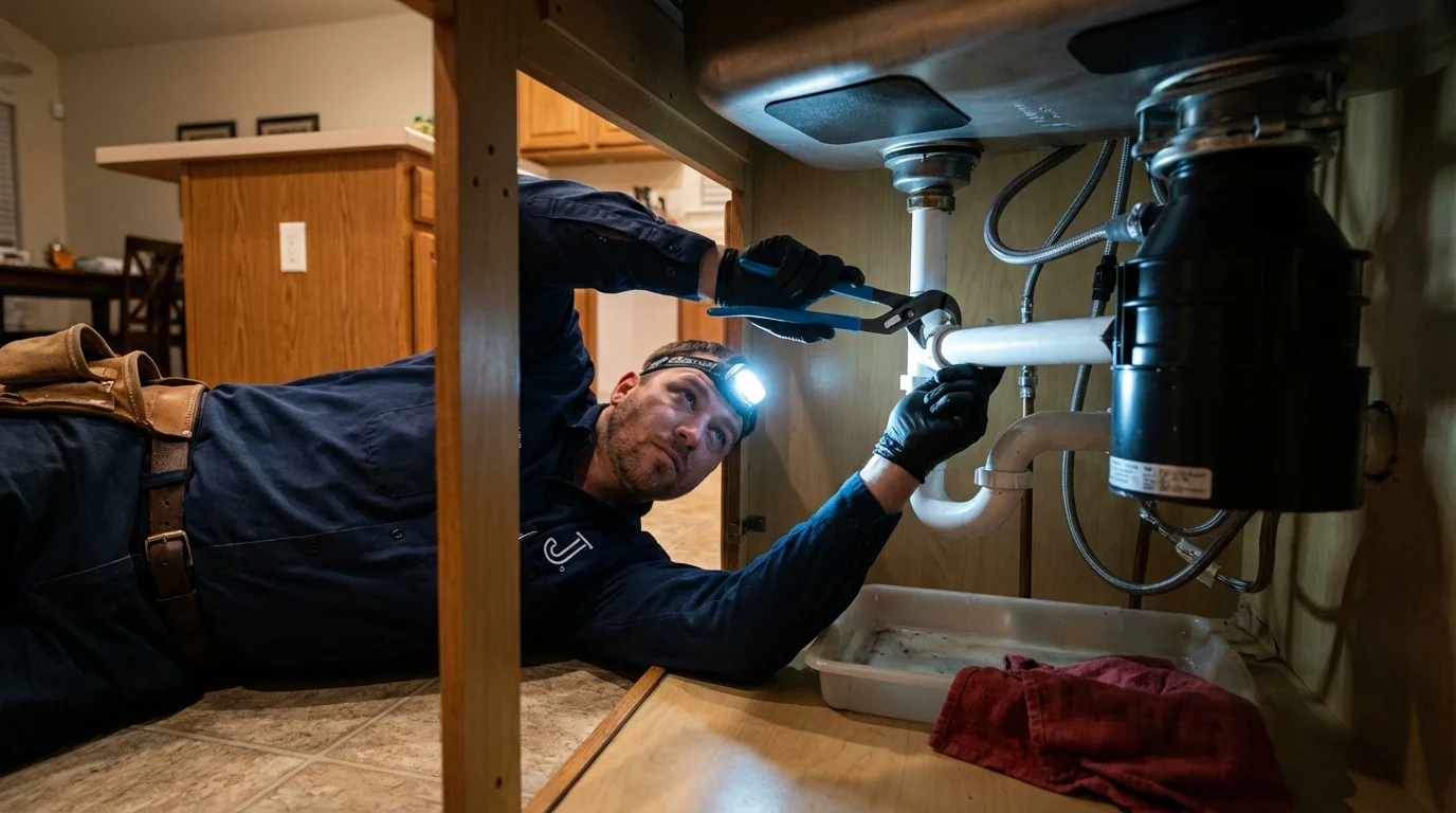 P-trap and supply line connections under a kitchen sink showing a common leak point in Mulberry, IN